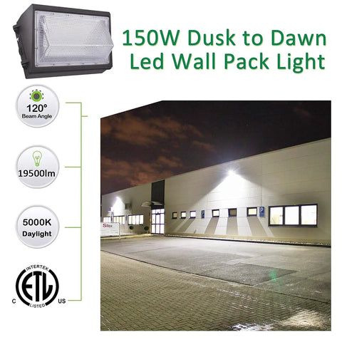 High Output 150W Wall Pack Light With Dusk To Dawn Sensor, 19500 Lumens Of 5000K Daylight installed on warehouse