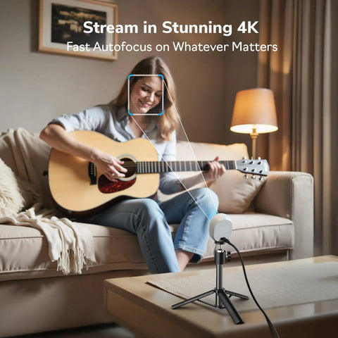 Musician streaming with Piko Dual Camera 4K AI Webcam With AI Autofocus, 3 Microphone Array And 3 Sound Modes, ideal for content creators.