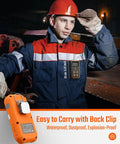 Guard-101 Four Gas Detector in use by worker, compact size, bright orange, explosion-proof, easy to carry with back clip.