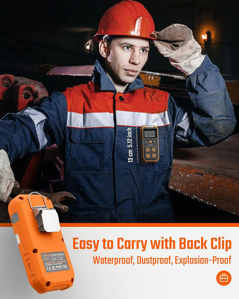 Guard-101 Four Gas Detector in use by worker, compact size, bright orange, explosion-proof, easy to carry with back clip.