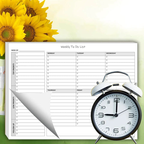 Weekly To Do List Planner Notepad For Stay On Top Pros And Busy Bees, 60 Page Task Pad with alarm clock and sunflowers.