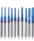 Nano Blue Coat End Mills Set For CNC Router Bits, 10 Pieces, Cutting Diameters 1.5 To 3.175 mm, One Eighth Inch Shank