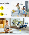 Kids playing with 2 In 1 Mini Indoor Drone For Kids With Land And Fly Modes 3D Flips Auto Hover RC Quadrocopter in living room.