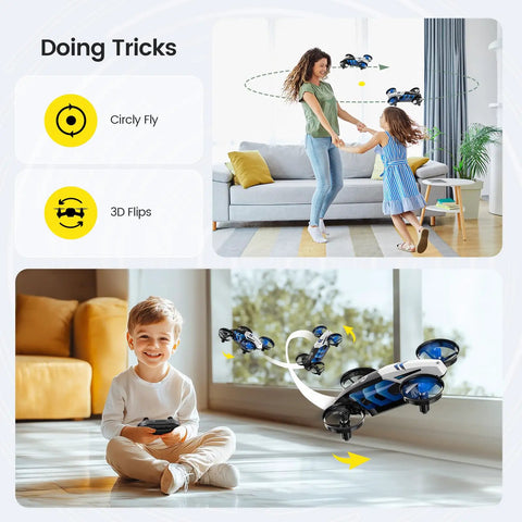 Kids playing with 2 In 1 Mini Indoor Drone For Kids With Land And Fly Modes 3D Flips Auto Hover RC Quadrocopter in living room.