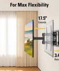 Heavy Duty Full Motion TV Wall Mount For 32 To 70 Inch Sets Up To 99 Lbs showing 17.5" extension and 3.4" retraction.