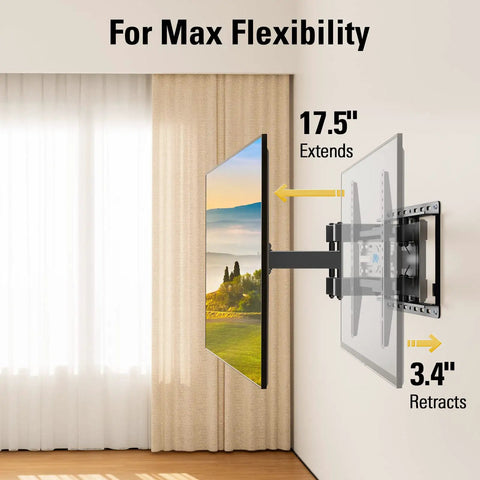 Heavy Duty Full Motion TV Wall Mount For 32 To 70 Inch Sets Up To 99 Lbs showing 17.5" extension and 3.4" retraction.