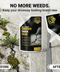 Rock Solid Self Leveling Concrete Crack Filler Two Pack Liquid Repair Sealant on cracked driveway before and after application.