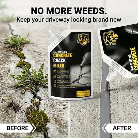 Rock Solid Self Leveling Concrete Crack Filler Two Pack Liquid Repair Sealant on cracked driveway before and after application.