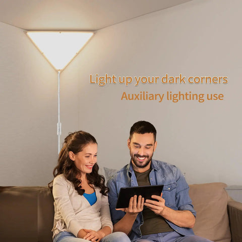 Triangle Corner Light With Switch, Plug In Ceiling Lamp in living room setting with couple seated, illuminating the corner