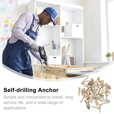 Man using drill with percussion type metal wall anchors self drilling expansion screws replacement kit for drywall and ceiling.