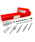 Top Shelf Pen Turning Mandrel And Deluxe Barrel Trimmer Kit Built For Shopsmith Machines with various metal tools and red packaging.