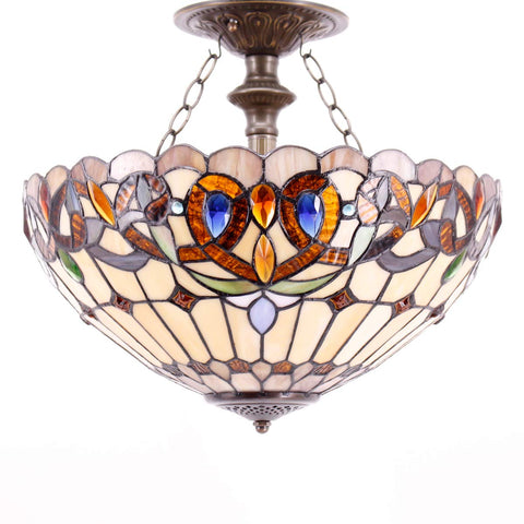 Tiffany Style Ceiling Light Fixture with Victorian stained glass look, semi flush mount lamp, 16 inch shade, antique green bronze finish.