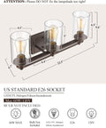 Industrial 3 Light Vanity Light Fixture For Bathroom Over Mirror In Oil Rubbed Bronze Finish with dimensions and socket info