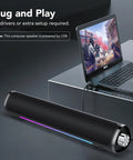 USB Powered PC Speakers With Bluetooth Hi Fi Stereo Sound Bar connected to laptop on desk