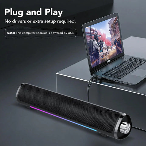 USB Powered PC Speakers With Bluetooth Hi Fi Stereo Sound Bar connected to laptop on desk
