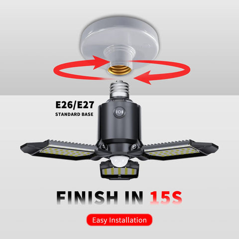 80W Motion Activated LED Shop Light With PIR Sensor For Garage Staircase Basement And Workshop Auto On When People Pass No False Triggers Go To Lighting Upgrade Easy Install 1 Pack demonstrating E26 base installation with arrows