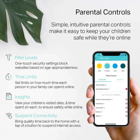 Smartphone displaying parental controls for Deco S4 Mesh WiFi System Three Pack AC1900 Whole Home Coverage Up To 5500 Sq Ft.