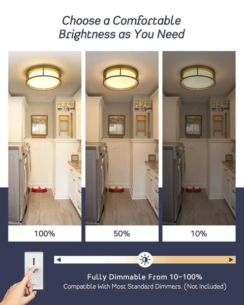 Lit Gold Finish LED Ceiling Light Fixture in 3 dimmable settings, showing 100%, 50%, 10% brightness, for bedroom or kitchen use.