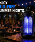 Outdoor Indoor Bug Zapper 18W 4200V Electric Mosquito Killer with UV Light on patio table at night with people in background