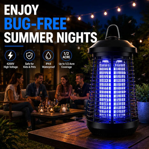Outdoor Indoor Bug Zapper 18W 4200V Electric Mosquito Killer with UV Light on patio table at night with people in background