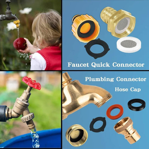 Collage showing plumbing connector hose caps and faucet quick connectors with O-rings for water pipes and garden hoses.