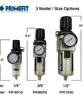 Three-Eighths Inch Air Filter Regulator Combo With Gauge For Pneumatic Lines, size and model options display.