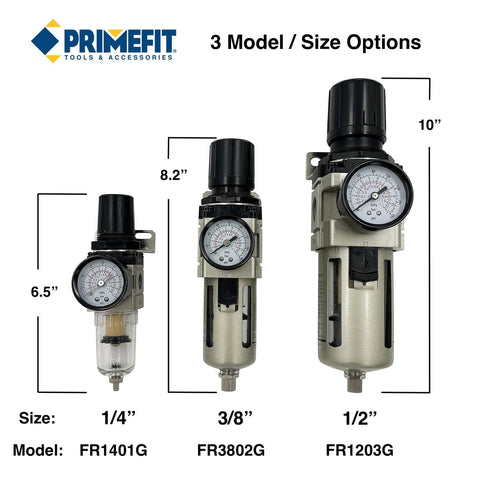 Three-Eighths Inch Air Filter Regulator Combo With Gauge For Pneumatic Lines, size and model options display.