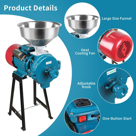 Electric Grain Mill Grinder 3000W 110V Heavy Duty Beast Commercial Corn Grinder with funnel and adjustable thickness features.