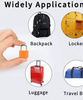 4 Pack Multicolor Keyed Padlocks For Suitcases And Luggage With Two Distinct Keys shown with backpack, locker, luggage, and travel bag use.