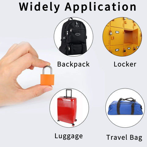 4 Pack Multicolor Keyed Padlocks For Suitcases And Luggage With Two Distinct Keys shown with backpack, locker, luggage, and travel bag use.