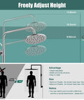 Dual Function Exposed Pipe Shower System With 8 Inch Round Rainfall Head, Brass Fixture, Adjustable Bar Shown Height Diagram