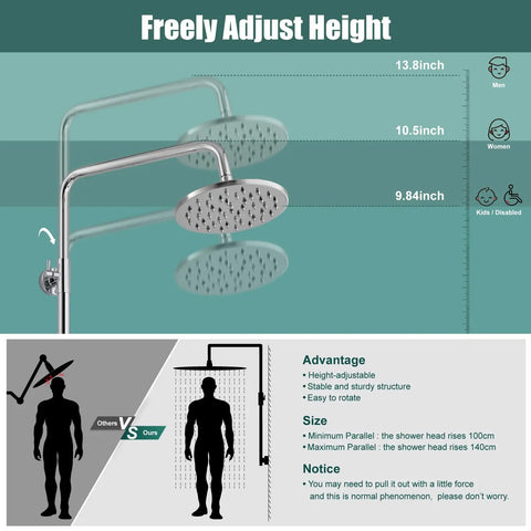 Dual Function Exposed Pipe Shower System With 8 Inch Round Rainfall Head, Brass Fixture, Adjustable Bar Shown Height Diagram