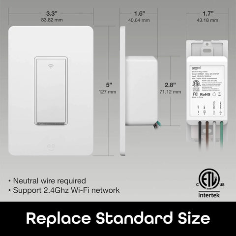 4 Pack Smart WiFi Light Switch No Hub Needed, Works With Alexa And Google Assistant, Requires 2.4 GHz WiFi, dimensions diagram