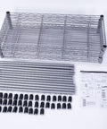 Heavy Duty Five Tier Wire Shelving Unit Kickass Storage Rack With Fully Adjustable Shelves For Kitchen Garage And Pantry Organization Keep Your Space Clean In Sleek Silver Gray 29 X 13 X 59 Inches assembly parts including shelf, poles, and connectors.
