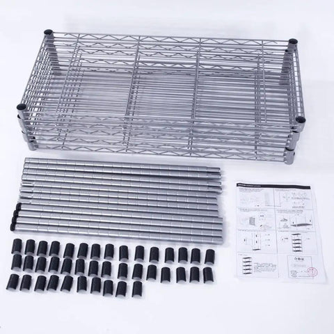 Heavy Duty Five Tier Wire Shelving Unit Kickass Storage Rack With Fully Adjustable Shelves For Kitchen Garage And Pantry Organization Keep Your Space Clean In Sleek Silver Gray 29 X 13 X 59 Inches assembly parts including shelf, poles, and connectors.