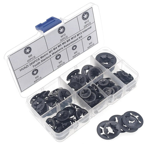 Industrial Starlock Push On Washers Assortment Kit 285 Pieces With External Push Rings And Speed Clips 7 Sizes M3-M12 in box