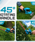 Cordless 20V Hedge Trimmer And Grass Shears Two In One With 12 Inch And 6 Inch Dual Action SK5 Blades, rotating handle view