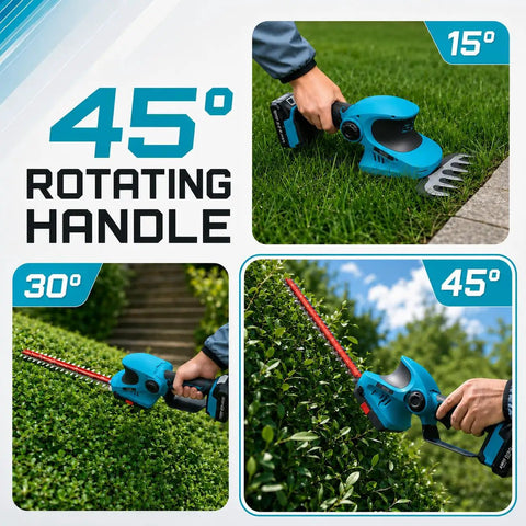 Cordless 20V Hedge Trimmer And Grass Shears Two In One With 12 Inch And 6 Inch Dual Action SK5 Blades, rotating handle view