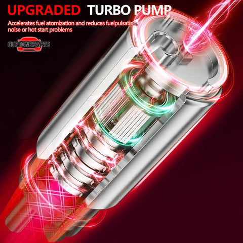 Illustration of upgraded turbo fuel pump with internal components highlighted, showing enhanced fuel atomization and pressure handling.