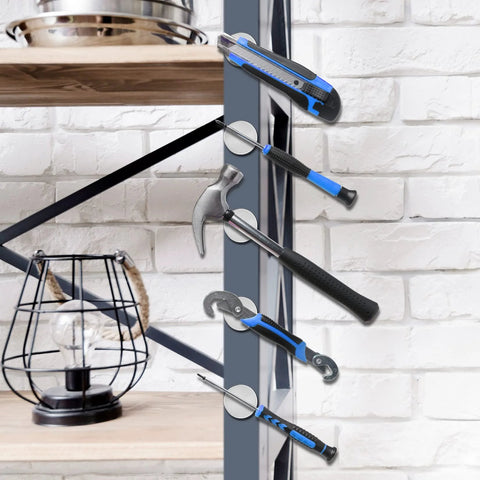 Eight 1.18-inch neodymium magnets with double-sided adhesive discs on a vertical metal post, holding tools.