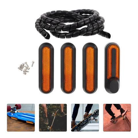 Electric Scooter Side Cover Replacement With Reflective Strips And Screws Aluminum Alloy Side Panel Universal Fit Scooter Modification Accessory For Nighttime Visibility Durability And A Slick Street Ready Look, shown with screws and cable cover