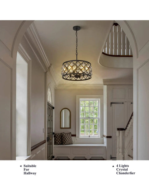 4 Light Crystal Chandelier With Oil Rubbed Bronze Finish, Modern Farmhouse Pendant Light in hallway, 18 Inch Fixture With K9 Crystals