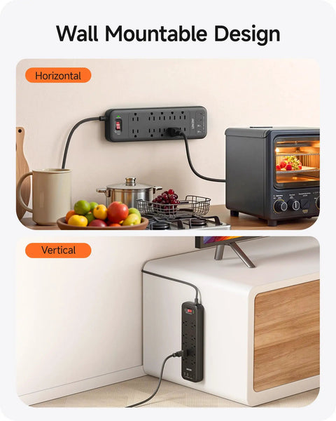 Flat Plug Power Strip With Surge Protector 1700J Converts 2 Prong To 3 Prong Outlets mounted horizontally and vertically on wall