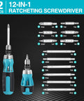 12-in-One Standard and Stubby Duo with Quick-Load Bits in Ratcheting Screwdriver Set For Quick Fixes, Pro Grade S2 Steel