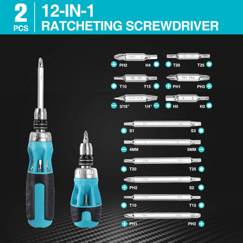 12-in-One Standard and Stubby Duo with Quick-Load Bits in Ratcheting Screwdriver Set For Quick Fixes, Pro Grade S2 Steel