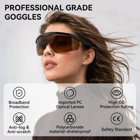 Top Shelf 1064nm Laser Safety Glasses Featuring OD4 Plus Lens Shield For Fiber Marking And Engraving Built Tough As Nails To Crush Daily Fog And Deep Scratches on a model outdoors.