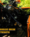 Motorcycle secured with Four Pack Ratchet Straps 15 Feet 1800 LB Break Strength Heavy Duty Retracting Tie Down Straps on truck