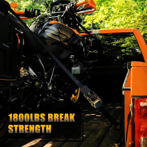 Motorcycle secured with Four Pack Ratchet Straps 15 Feet 1800 LB Break Strength Heavy Duty Retracting Tie Down Straps on truck