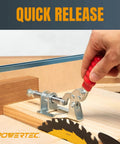 Close-up of 4 Pack Toggle Clamp Set With Quick Release 302F being tightened on a woodworking jig, showing red handle and M8 screw.