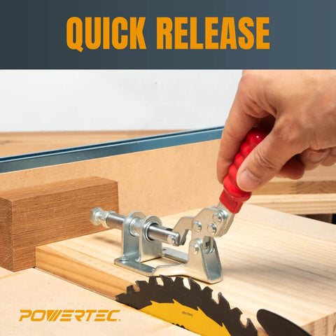 Hand using Dope Six Pack Toggle Clamp Set With 300 Lb Holding Capacity, 302F Quick Release Push Pull Clamp for woodworking jigs